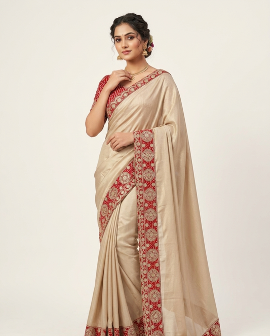 Traditional Silk Saree with Rich Red Woven Border – Festive & Wedding Wear (2 Colors)