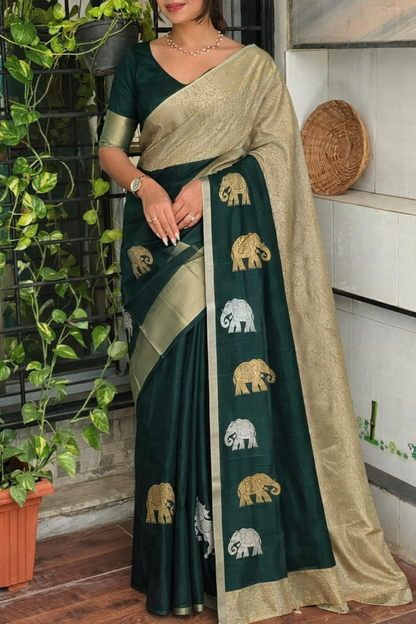 Dark Green Elephant Motif Jacquard Silk Saree with Gold Border
