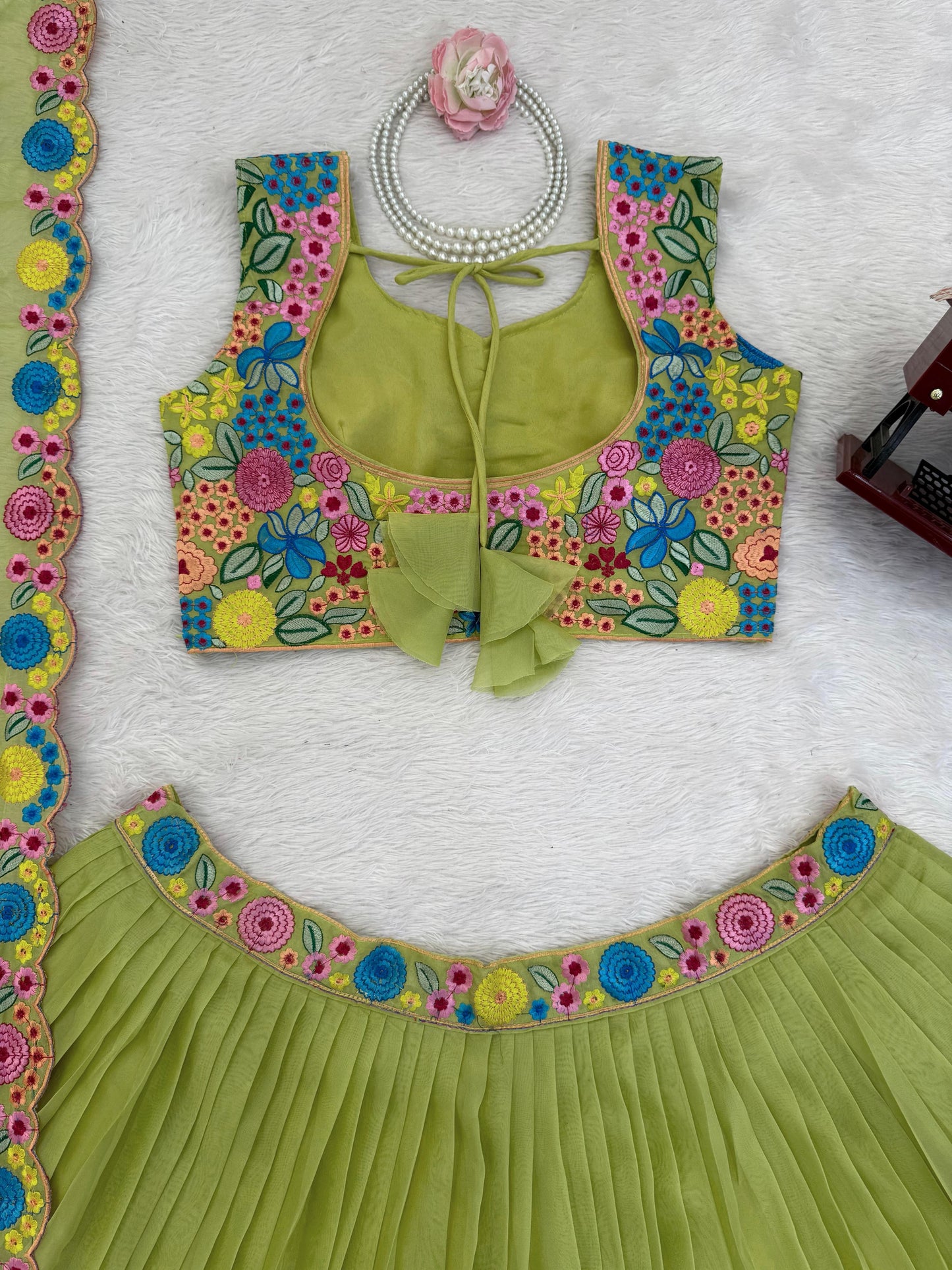 Parrot Green Floral Embroidered Organza Silk Lehenga Choli with Dupatta