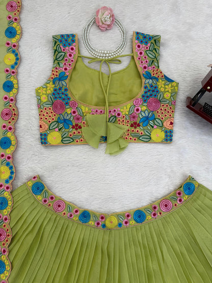Parrot Green Floral Embroidered Organza Silk Lehenga Choli with Dupatta