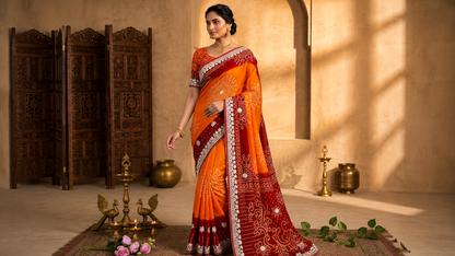 Premium Bandhani Peliya Saree with Heavy Multi Coding C-Pallu Work | Designer Party Wear Saree