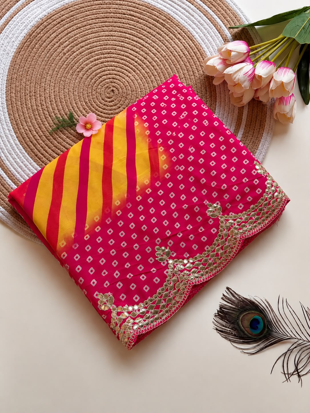 Chinon Digital Leheriya Saree with Heavy Gota Foil Work & Rich Pallu