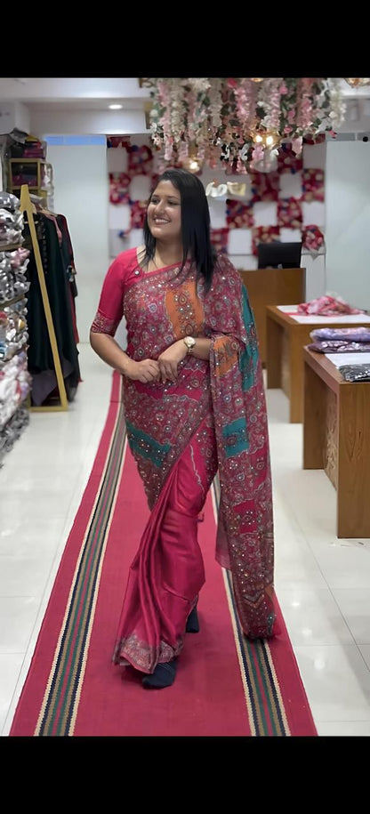 Yellow Mirror Chinon Saree with Digital Print & Mirror Work