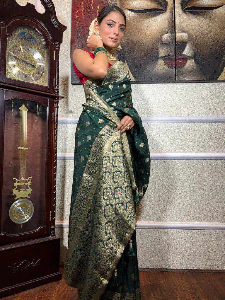Dark Green Zari Work Silk Saree