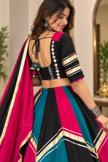 Navratri Special Roman Silk Lehenga Choli with Real Mirror Work | 6+ Meter Flair