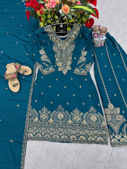Designer Chinon Embroidery Top Palazzo Set with Dupatta