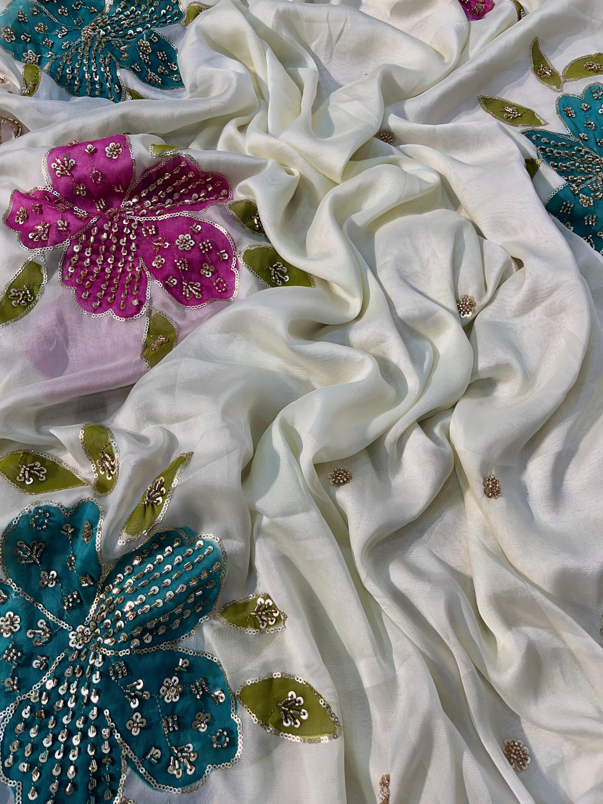 Premium Rangoli Silk Saree with Beads Work, Brush Print & Cutwork Border