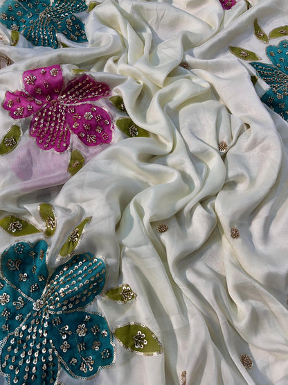 Premium Rangoli Silk Saree with Beads Work, Brush Print & Cutwork Border