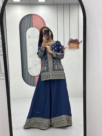 Designer Chinon Party Wear Top Plazzo Set