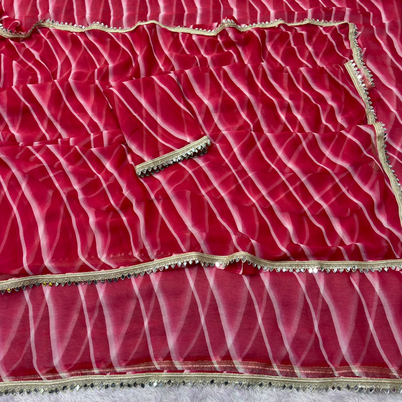 Georgette Leheriya Saree with Mirror Lace Border & Unstitched Blouse | Designer Party Wear Saree