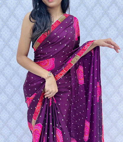 Chinon Bandhani Style Printed Saree with Designer Contrast Border (6.30 Mtr)