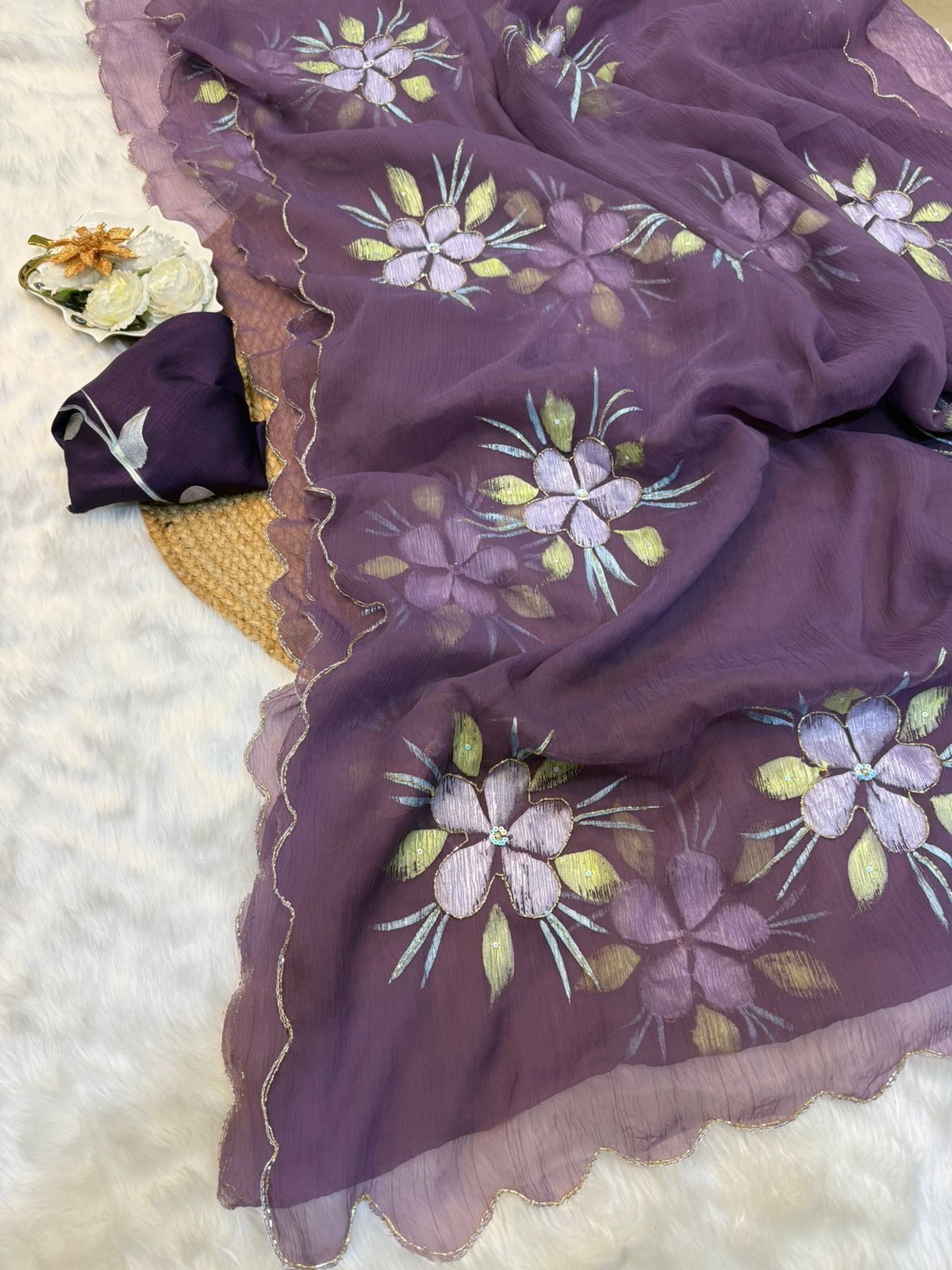 Pure Bari Chiffon Saree with Handwork & Floral Hand Print