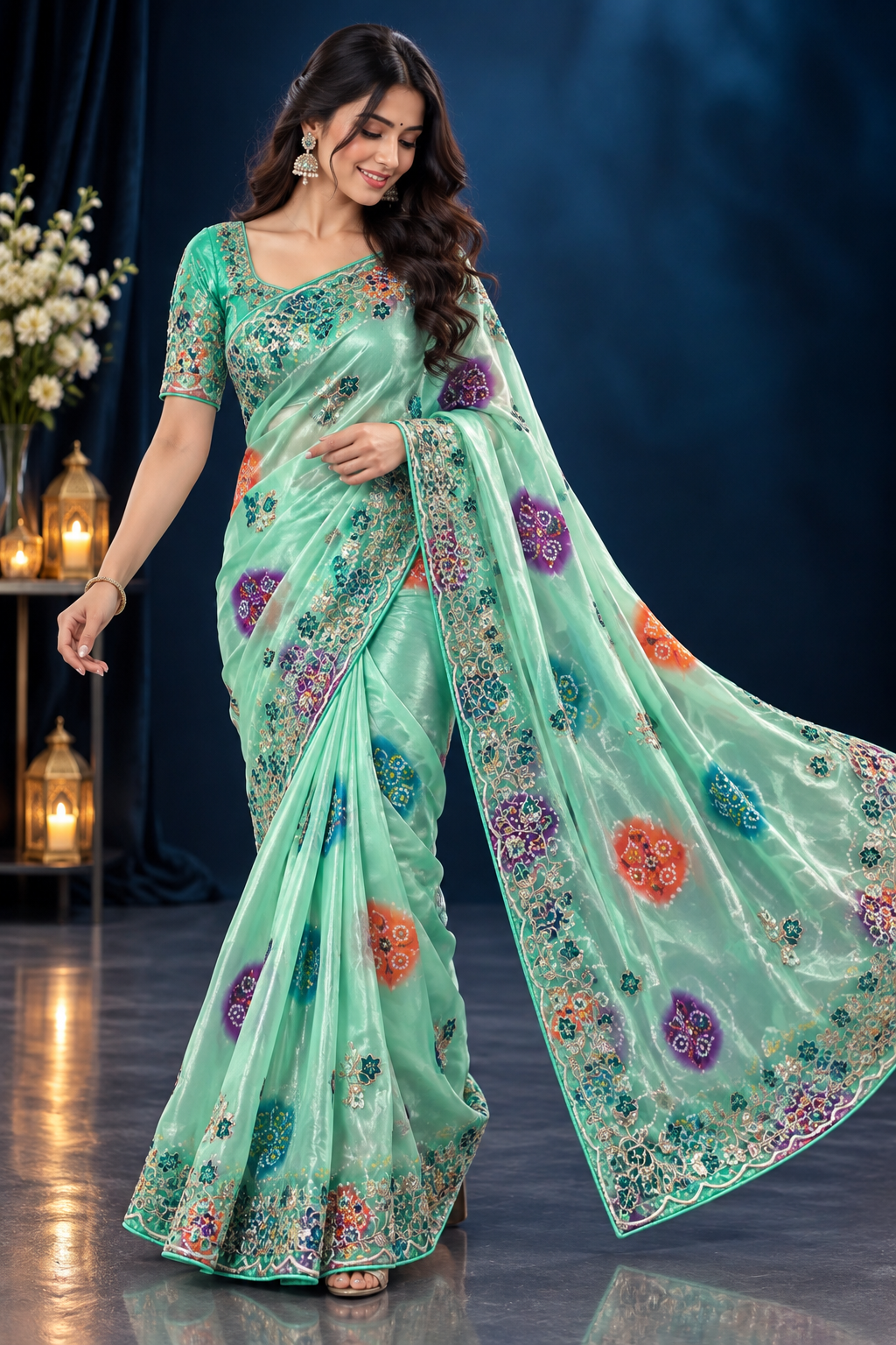 Soft Shine Space Silk Saree with Bandhej Print, C-Pallu Gotafoil Work & Butti