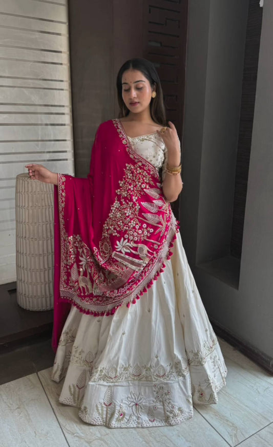 White Red Vichitra Silk Lehenga Choli