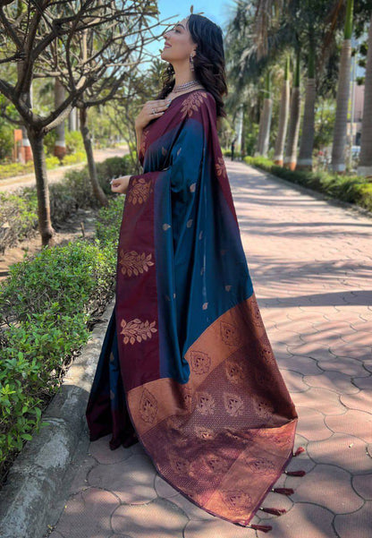 Wine Blue Zari Work Saree