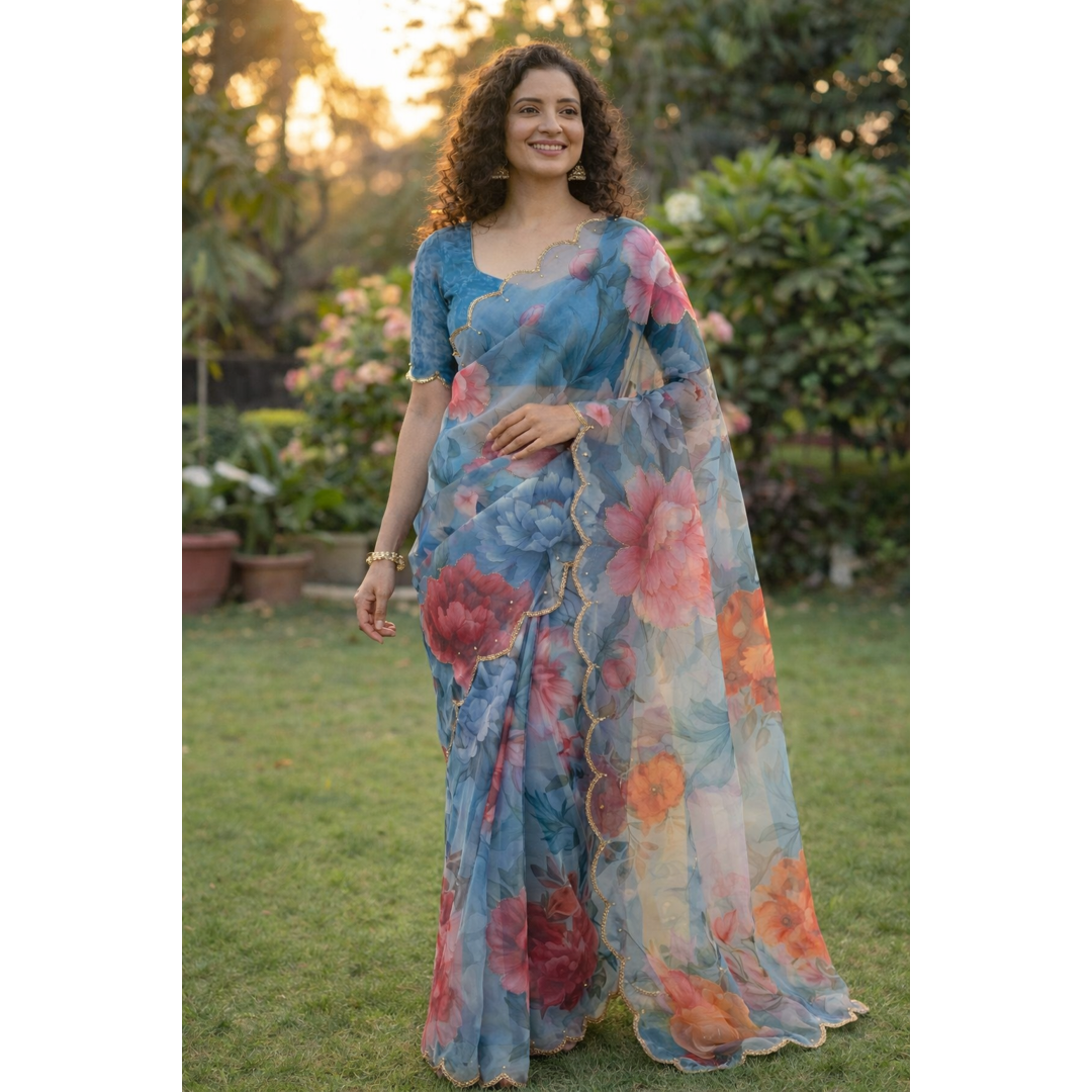 Soft Pure Georgette Digital Print Handwork Saree with Fancy Border