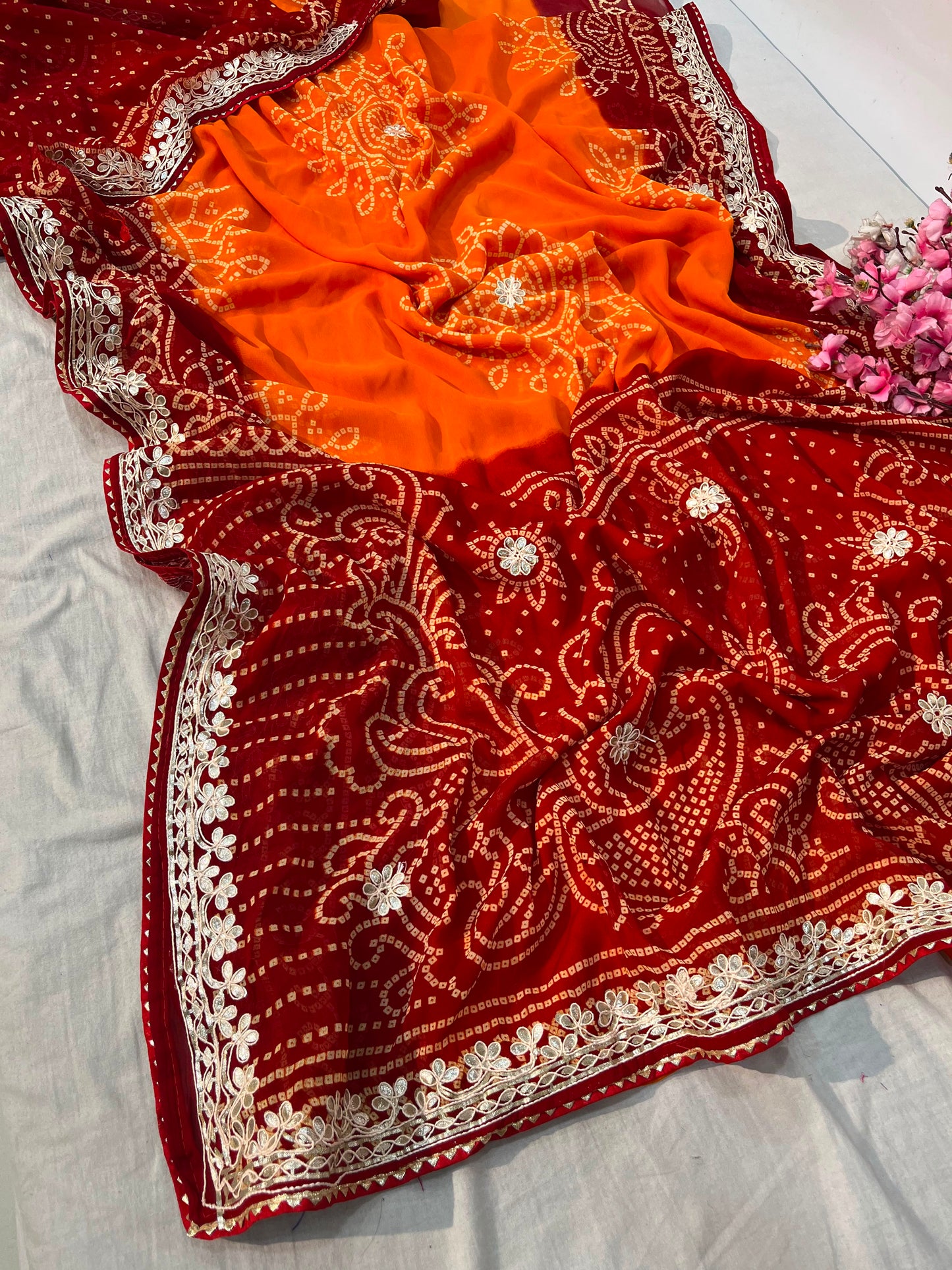 Premium Bandhani Peliya Saree with Heavy Multi Coding C-Pallu Work | Designer Party Wear Saree