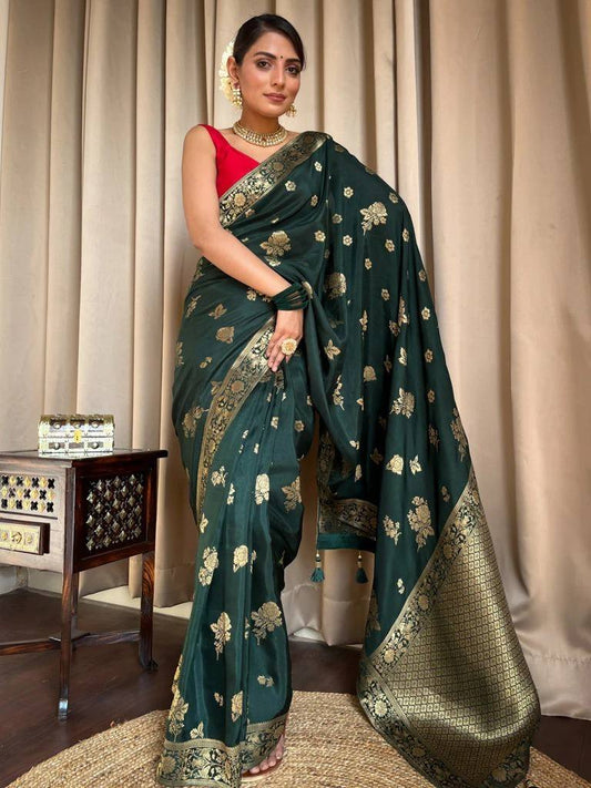 Dark Green Zari Work Festive Saree