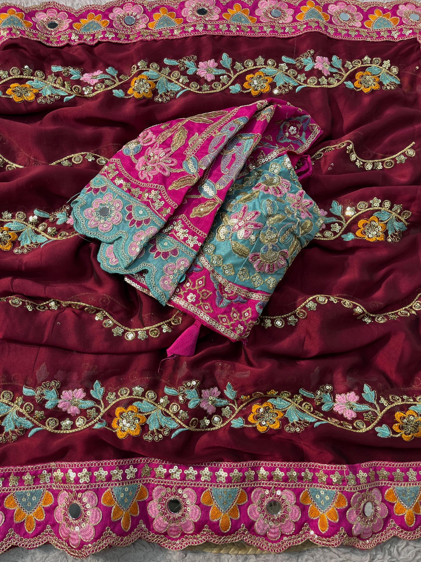 Premium Rangoli Silk Designer Saree with Embroidery & Mirror Work Blouse