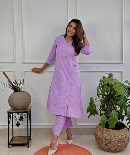 Cotton Chikankari Angrakha Kurti Set