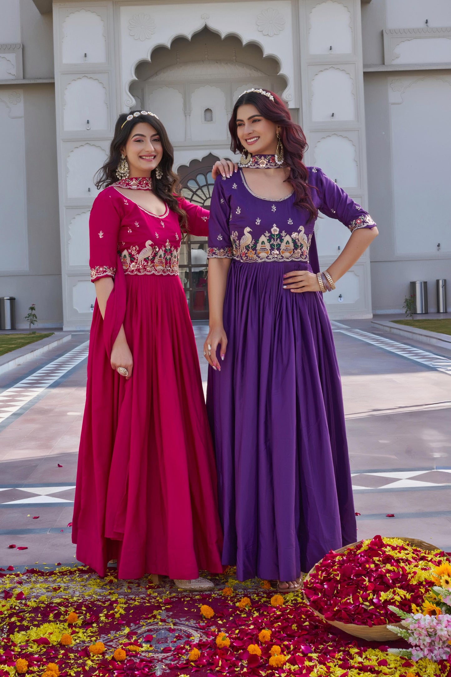 Festival Wear Embroidered Long Gown With Dupatta
