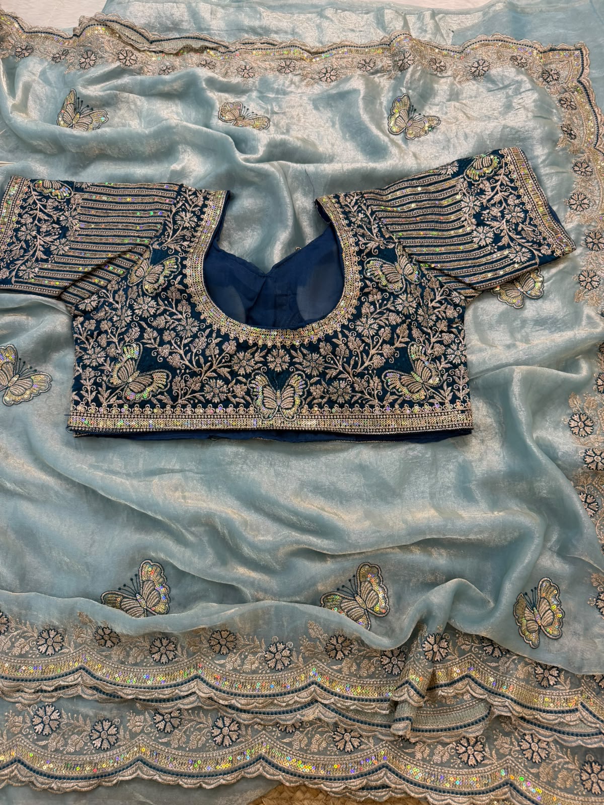 Sabyasachi Inspired Space Silk Saree with Butterfly Embroidery & Stitched Blouse