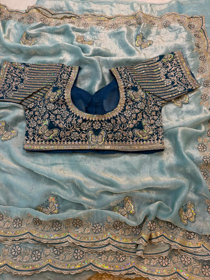Sabyasachi Inspired Space Silk Saree with Butterfly Embroidery & Stitched Blouse