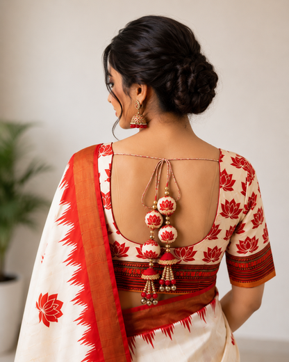 Durga Puja Special Handloom Tussar Saree with Heavy Printed Pallu & Blouse