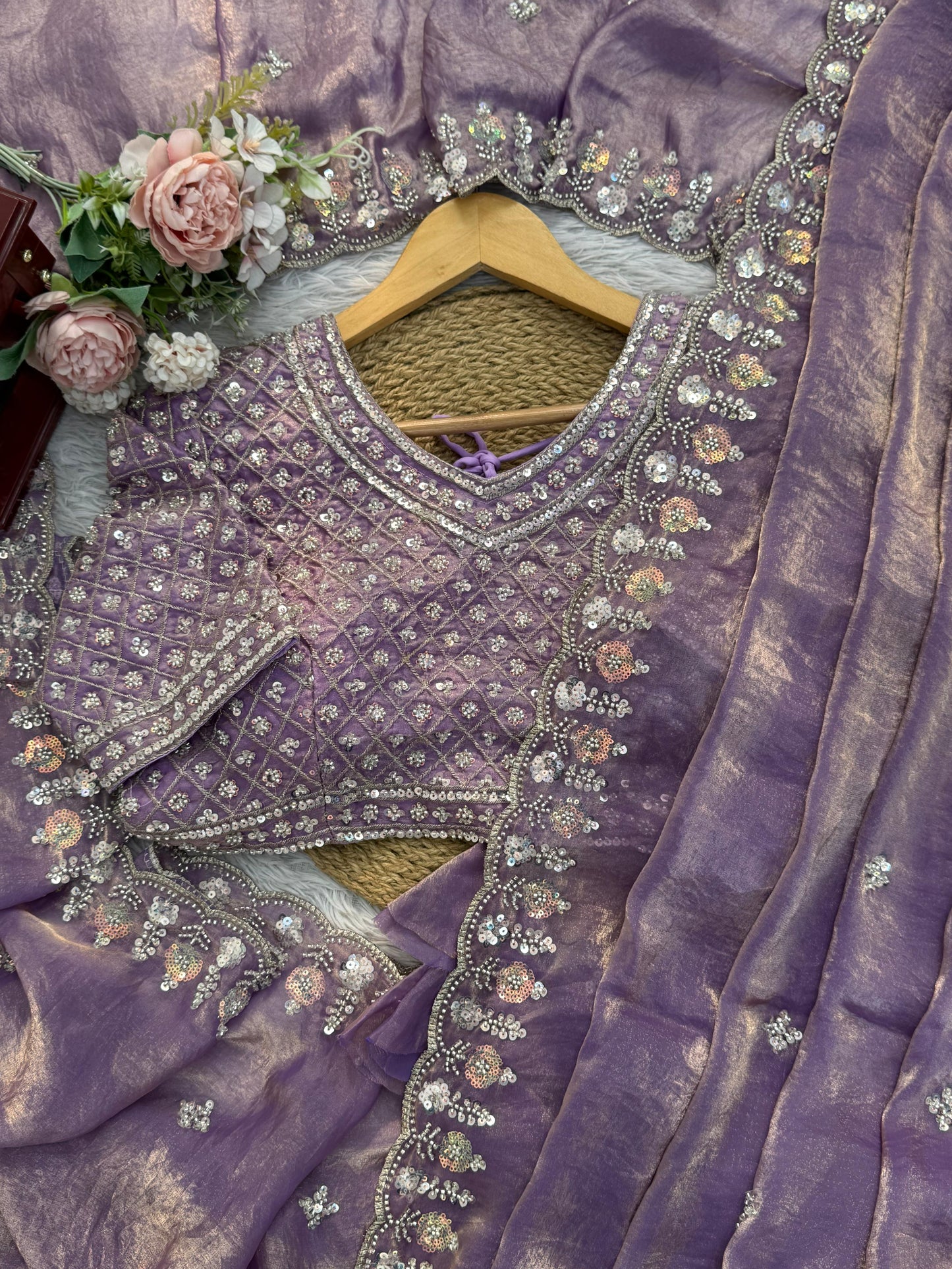 Women Lavender Fendy Silk Heavy Beads & Sequins Embroidered Designer Saree