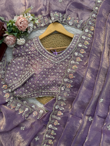 Women Lavender Fendy Silk Heavy Beads & Sequins Embroidered Designer Saree