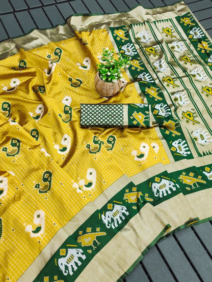Soft Lichi Printed Saree with Elephant Border