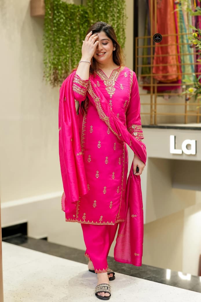 Festival Special Chanderi Embroidered Kurti Set with Dupatta