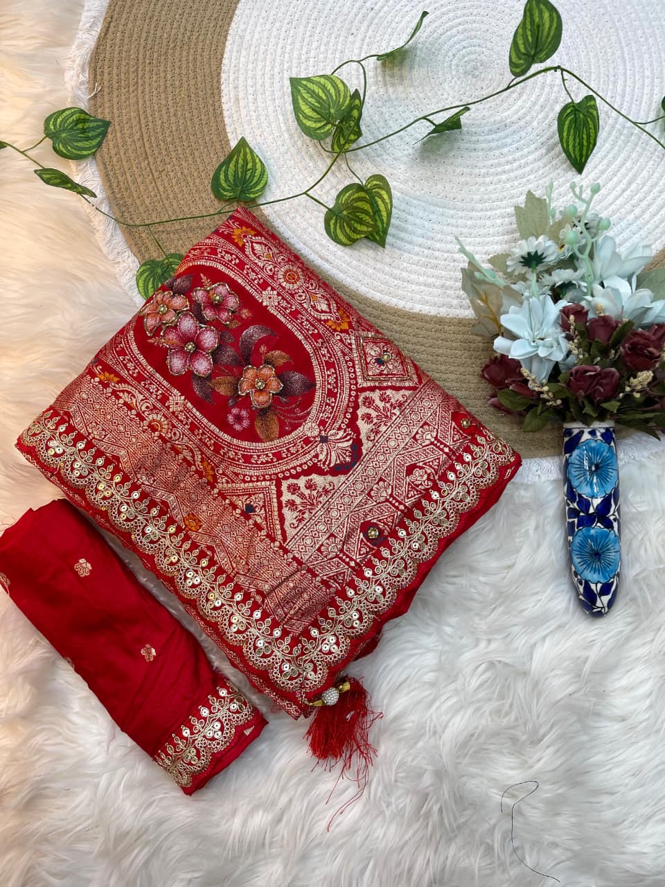 Gulmohar Dola Silk Saree with Zari Weaving & Cutdana Handwork Border