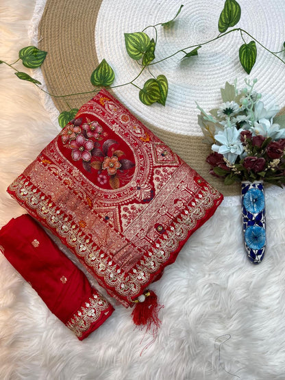 Gulmohar Dola Silk Saree with Zari Weaving & Cutdana Handwork Border