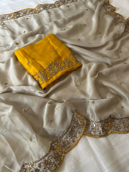 Soft Rangoli Silk Saree with Zari Embroidery Work & Contrast Blouse