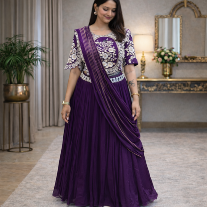 Designer Chinon Embroidery Lehenga Saree with Stitched Blouse & Dupatta
