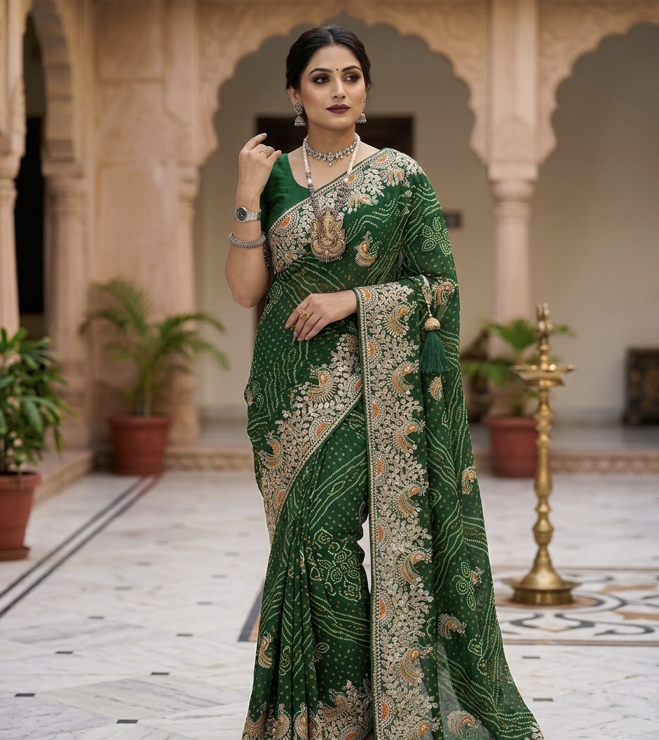 Designer Bandhani Print Saree with Heavy Embroidered Border – Festive Wear Collection