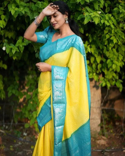 Yellow Cotton Saree with Turquoise Blue Border