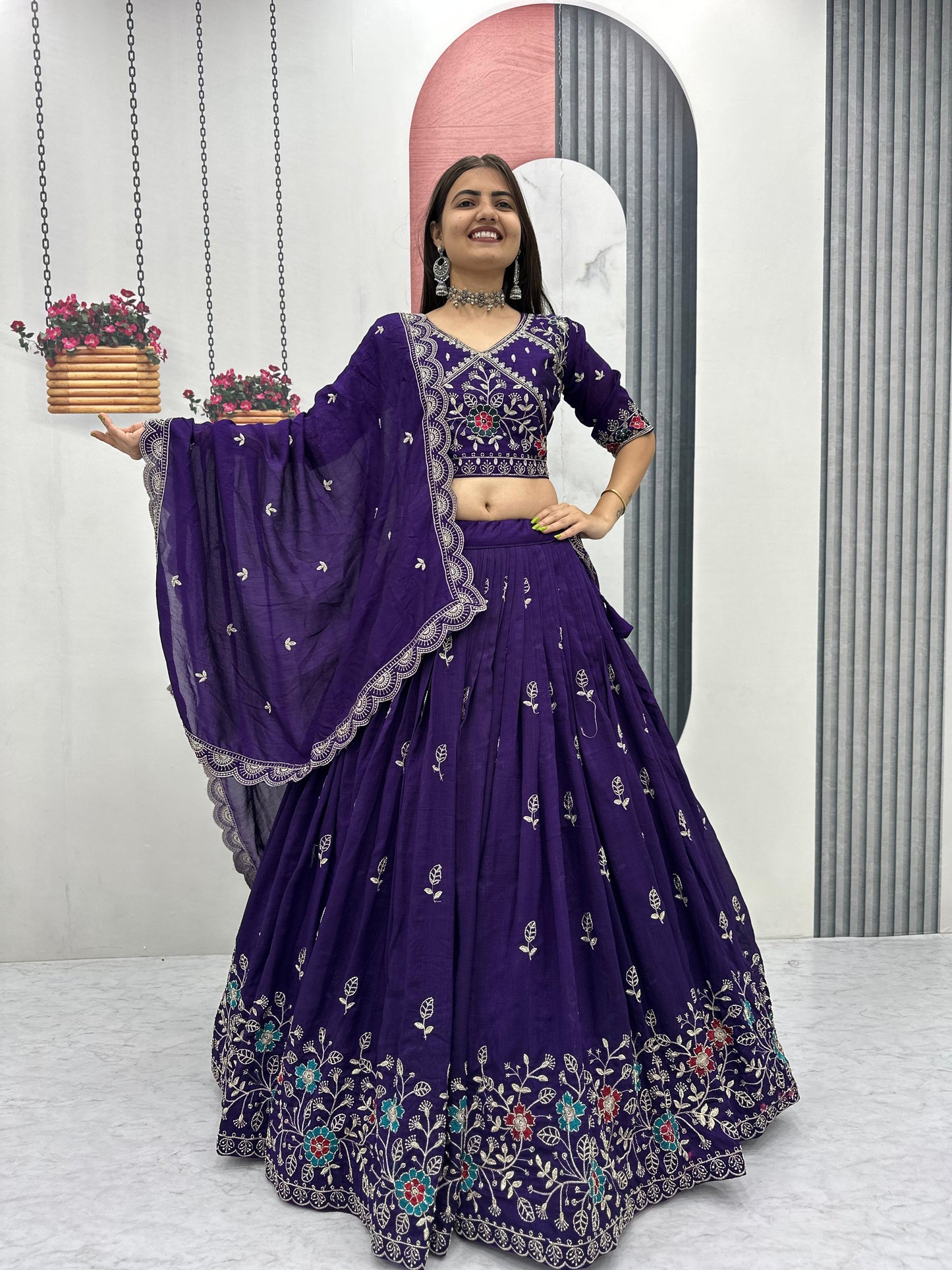 Festival Wear Vichitra Silk Embroidered Lehenga Choli Set