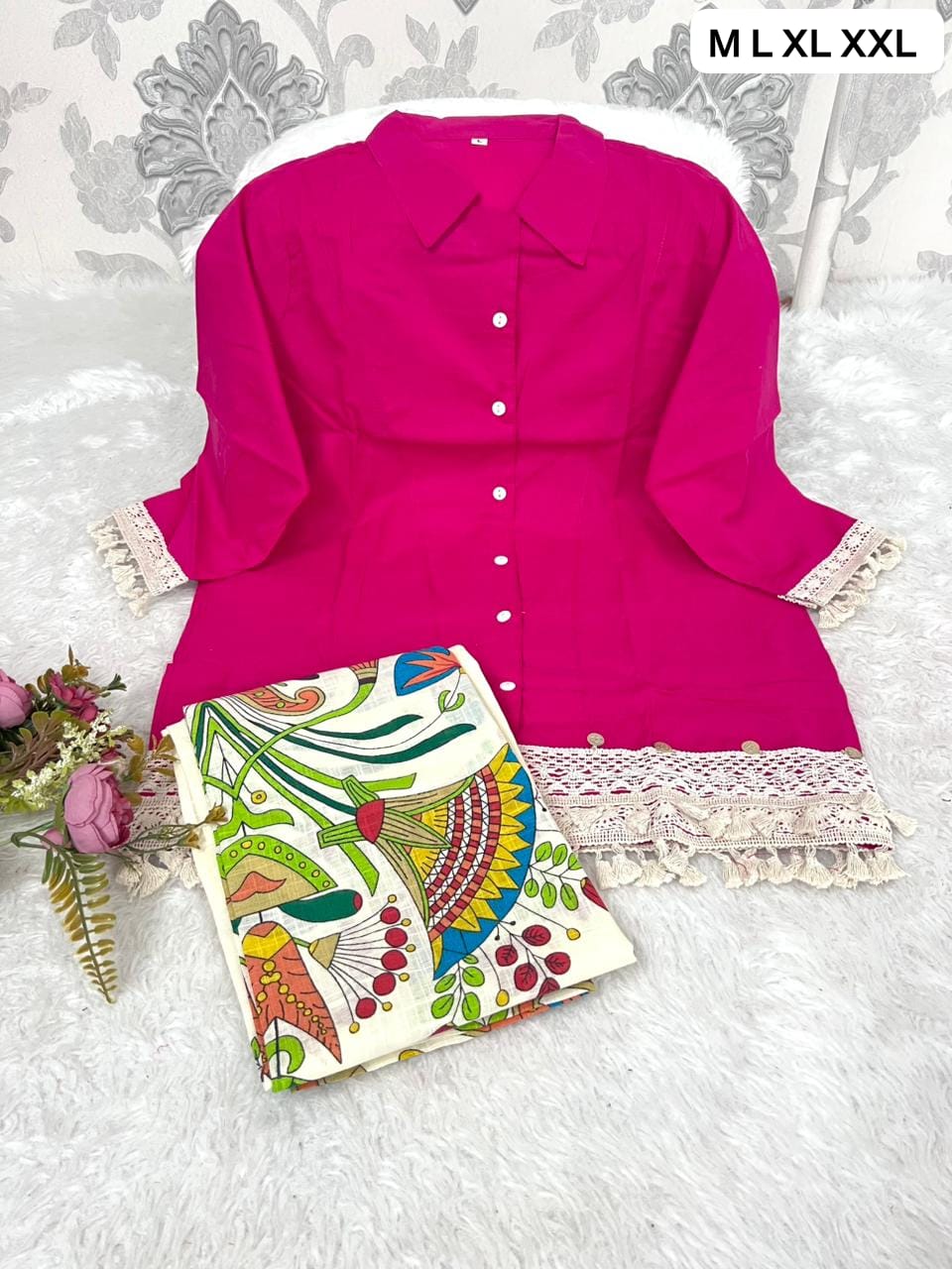 Stylish Cotton Flax Cord Set | Button Top & Printed Pant Co-Ord Set for Women