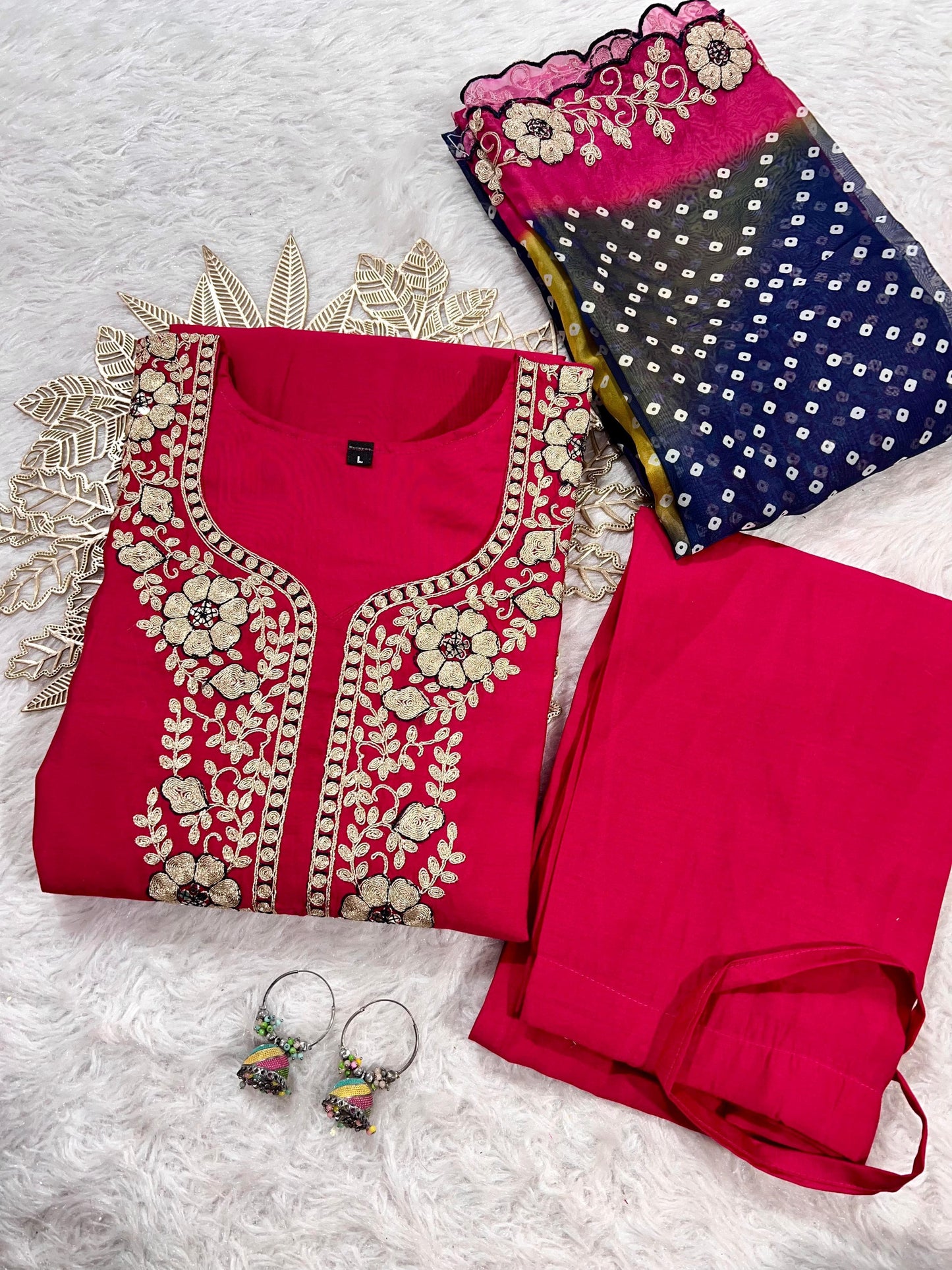 Designer Roman Silk Kurti Pant Set with Gota Patti Embroidery & Lehariya Dupatta