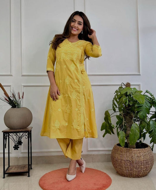 Cotton Chikankari Angrakha Kurti Set