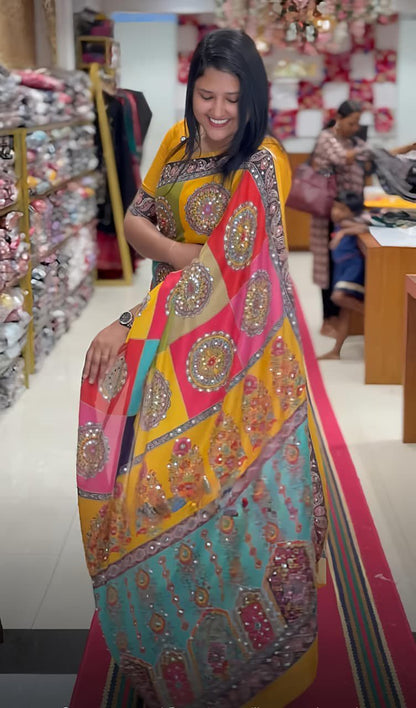 Yellow Mirror Chinon Saree with Digital Print & Mirror Work