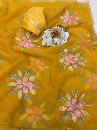 Pure Bari Chiffon Saree with Handwork & Floral Hand Print