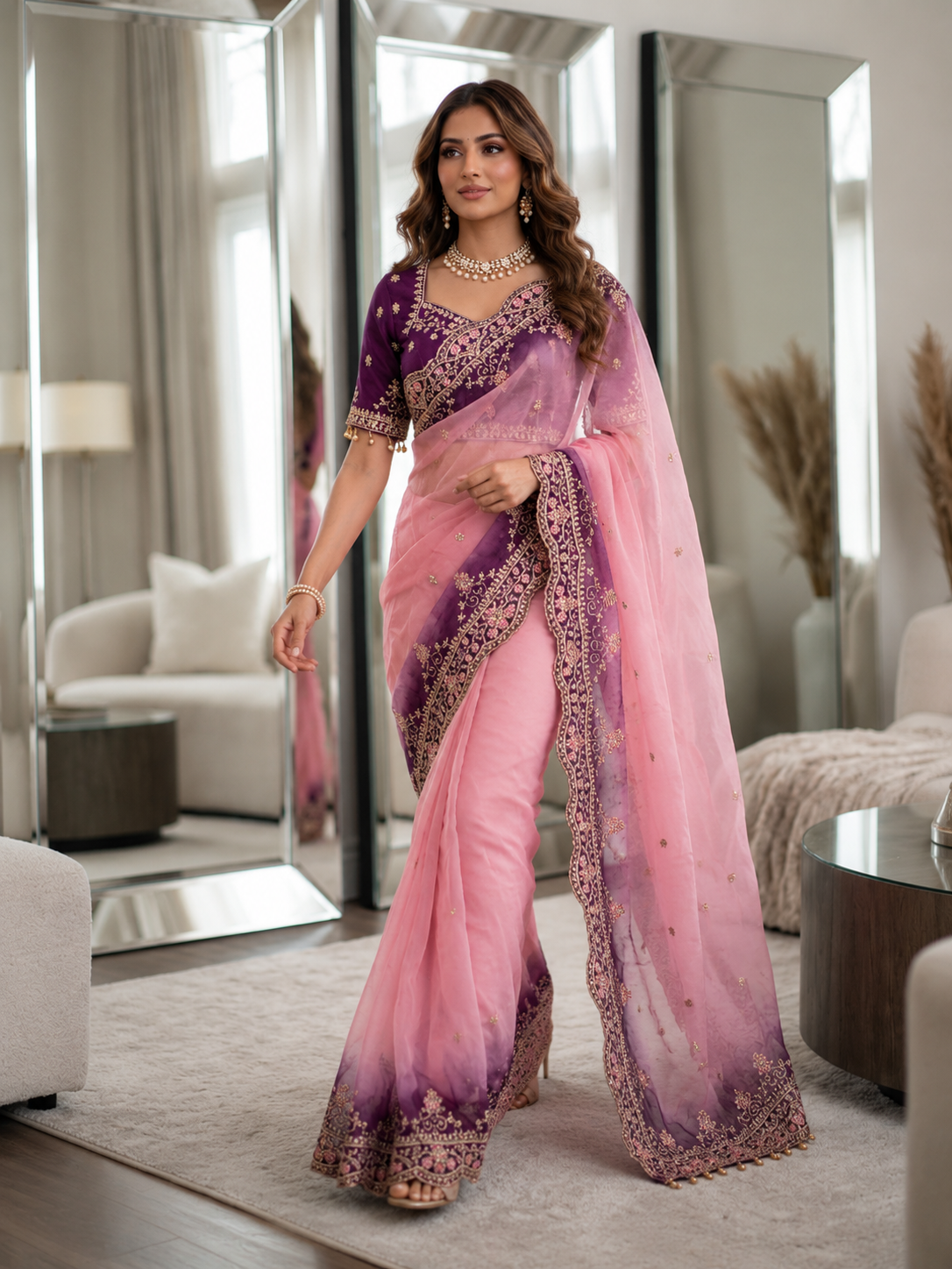 Shipra Embroidered Moss Saree with Sequins Border & Designer Stitched Blouse