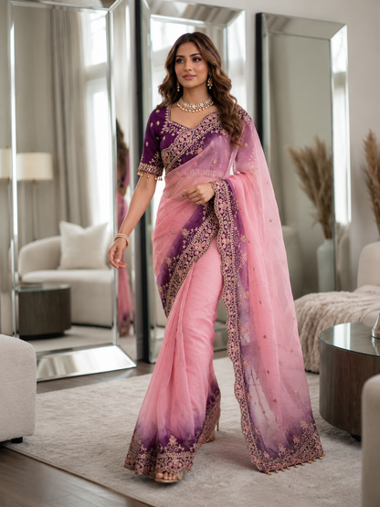 Shipra Embroidered Moss Saree with Sequins Border & Designer Stitched Blouse