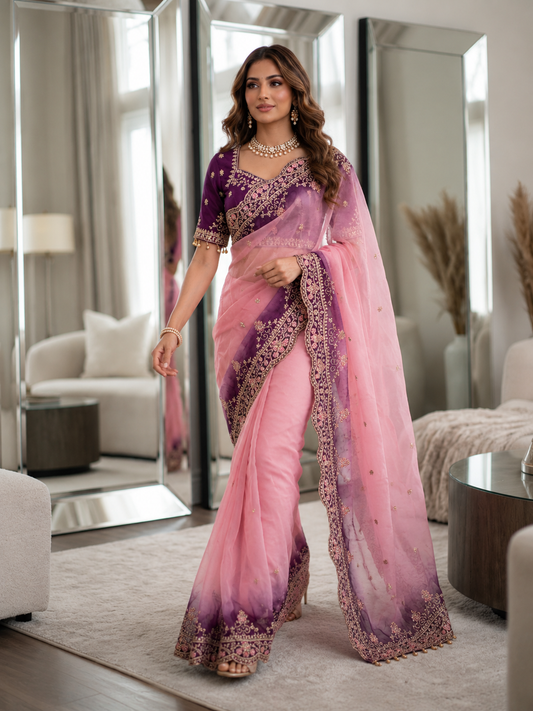 Shipra Embroidered Moss Saree with Sequins Border & Designer Stitched Blouse