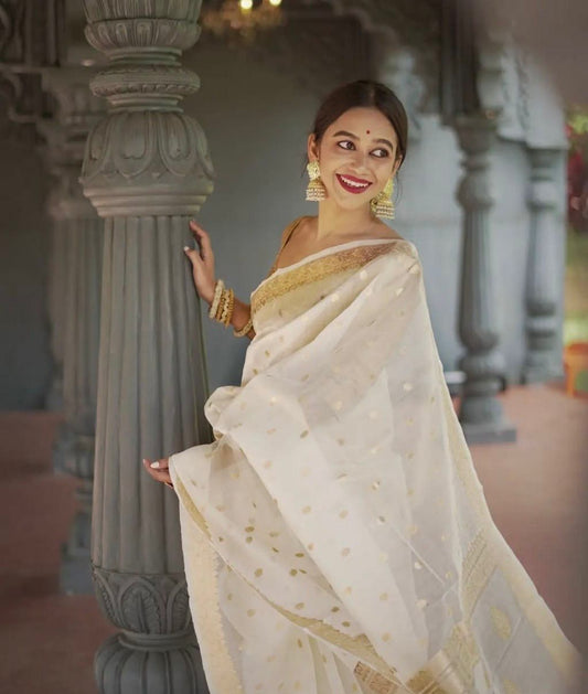 Off White Zari Work Saree