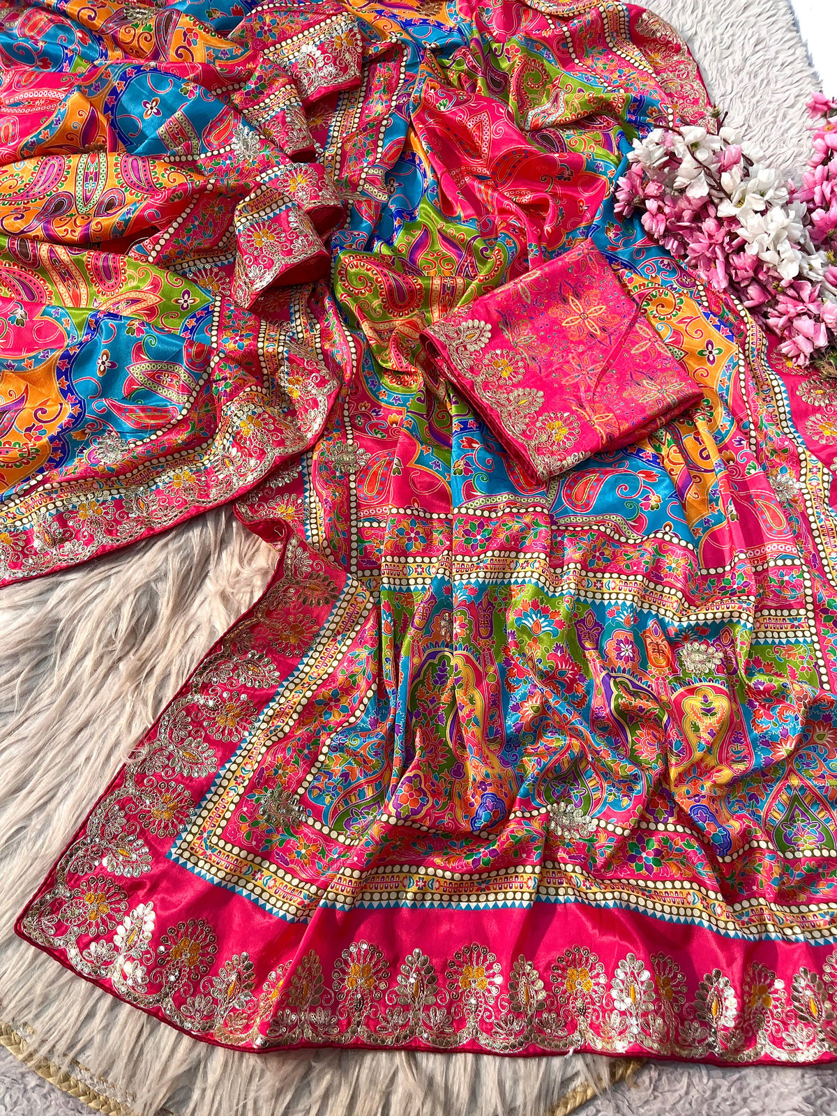 Latest Chinon Digital Print Kalamkari Inspired Saree with Gotapatti Work