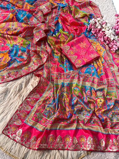 Latest Chinon Digital Print Kalamkari Inspired Saree with Gotapatti Work